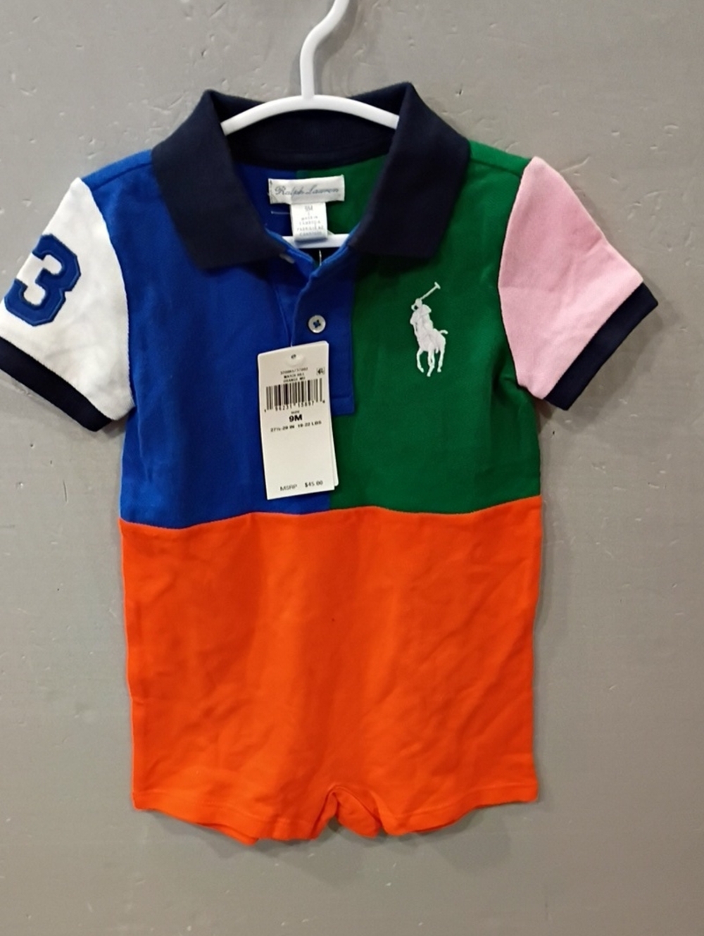 Ralph Lauren Colorblock Polo Romper - Blue, Green, Orange, Pink, White